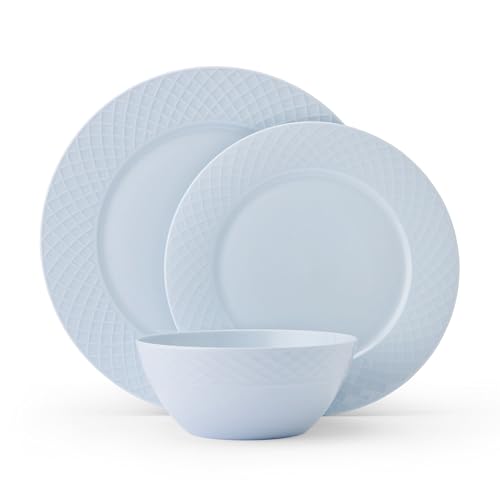 Mikasa Trellis Pastel Bone China Lightweight Chip Resistant 12 Piece Dinnerware Set, Service for 4, Misty Blue by Mikasa - Image 2