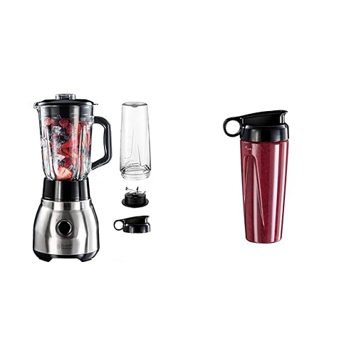 Russell Hobbs Batidora de Vaso 2 en 1 Smoothie, Jarra de Cristal 1,5L, para Zumos y Batidos 23821-56 + Vaso Accesorio con Tapa para Llevar
