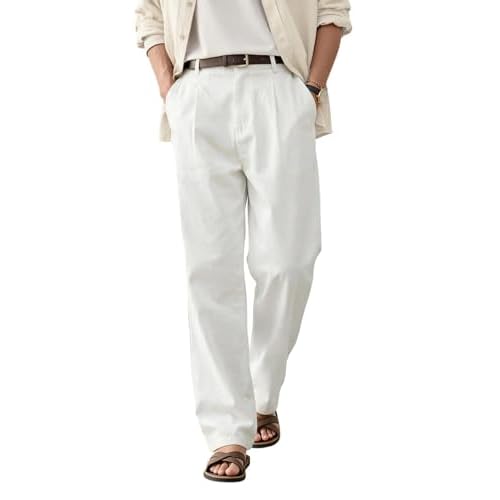 Heyfanee Linen Pants Men Casual Loose Fit Summer Beach Pants Elastic Waist White 28W x 30L
