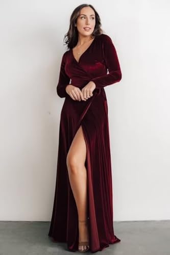 Women's V Neck Velvet Bridesmaid Dresses with Slit Long Sleeves Formal Evening Gowns4