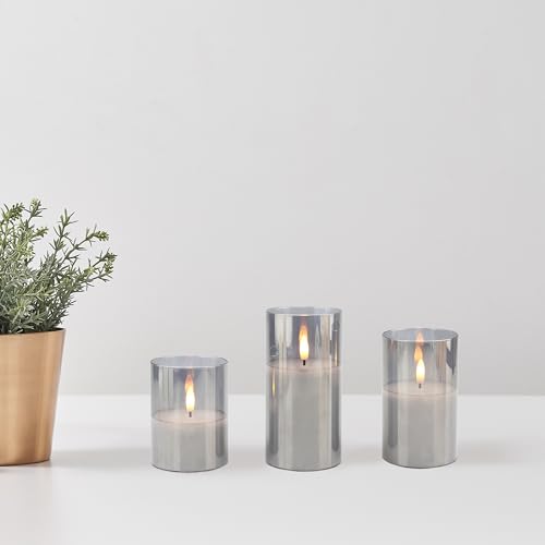 Image of Stonebriar 3 Pack Real Wax Assorted Size Flameless LED Pillar Candles in Glass Hurricane with Remote and Timer