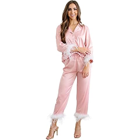 Belle's Design Feather Bridal Pajamas - Satin Silk Pants and Long Sleeve Feather Trim, Wedding, Bachelorette Party Sleepwear, Dusty Rose/XX-Large Cover