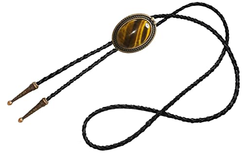 Image of Moranse Bolo Tie with Natural Tiger Eye Stone Celtic Style Genuine and Cowhide Rope