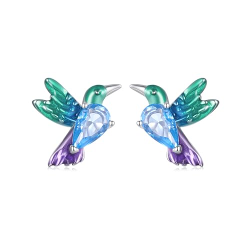 Cute Hummingbird Animal Stud Earrings for Women Girls 925 Sterling Silver Hypoallergenic Blue Crystal Green Enamel Tiny Bird Studs Cartilage Tragus Post Nickel Free Piercing Ear Dainty Birthday Holiday Jewelry Gifts