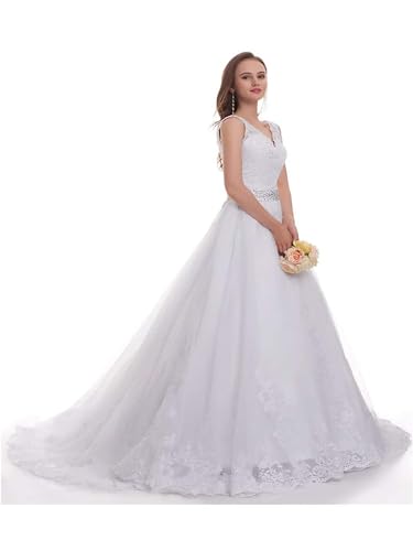 V-Neck Sleeveless Wedding Dresses for Bride 2024 Tulle Lace Beach Boho Bridal Gowns for Women Ivory 8