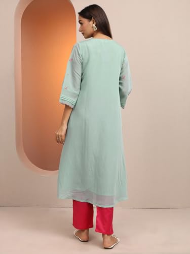 Image of Libas Embroidered Chanderi Cotton A-Line Kurta for Women
