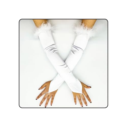 Acenail Black Fingerless Feather Gloves Long Satin Opera Gloves Halloween Costume Elbow Length Glove Womens Wedding Glove (White 19.7)