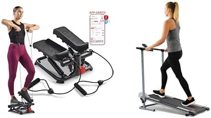 Sunny Health and Fitness Total Body Smart 2-in-1 Stepper Machine w/Resistance Bands + Foldable Manual Treadmill, Durable Non-Electric Incline Exercise