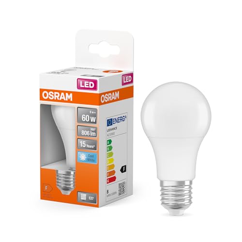 Osram LED Lampe mit E27 Sockel, Kaltweiss (4000K), klassiche Birnenform, 8.5W, Ersatz für 60W-Glühbirne, matt, LED STAR CLASSIC A, 1 Stück (1er Pack)