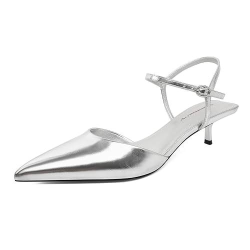SAMMITOP Silver Kitten Heels Closed Pointed Toe Ankle Strap Slingback Heels Low Heel Pumps Metallic Shoes Women Dressy Work Casual 1.5 Inch Size 9.5 by SAMMITOP - Image 3