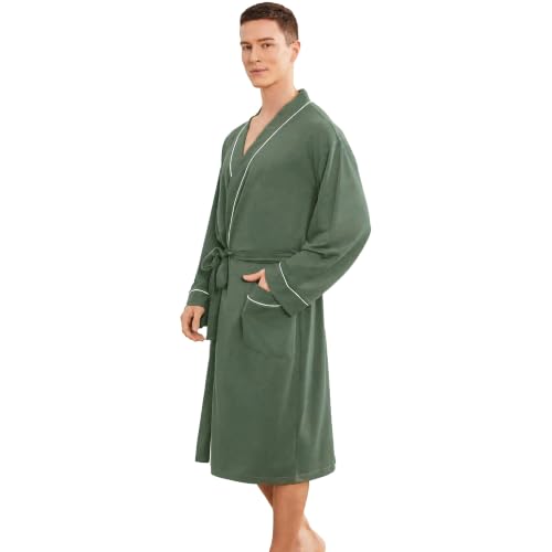 Image of Mens Lightweight Robe, Knit Kimono Bathrobe Spa Sleepwear Soft Knee Length Robe With Pockets