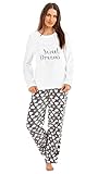 i-Smalls Damen Wunderschönes Weiches Fleece Pyjama Set mit Gesticktem Motiv Top und Bedruckten PJ Unterteile mit Herzdruck Augenmaske (M) Cream