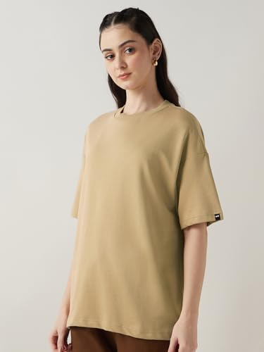 Image of Bewakoof Women's Terry Cotton Solid Oversized Fit Half Sleeve Round Neck T-Shirt | Bewakoof Heavy Duty 1.0 | Casual wear | Streetwear | Oversized Tshirt for Woman Cotton| Baggy