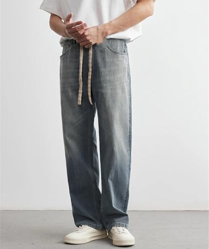 Men's Japanese Style Retro Jeans Elastic Waist Loose Straight Casual Denim Pants4