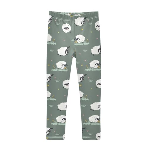 Cute Sheep Yellow Flowers Grass Girls Leggings,Workout Leggings for Girls Toddler Athletic Leggings Size for 3-10T