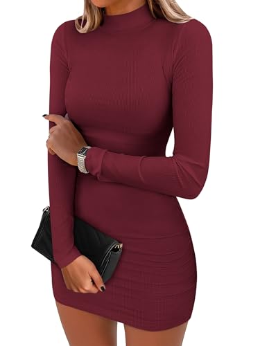 Image of ANRABESS Women Long Sleeve Mock Neck Bodycon Mini Dress 2026 Fall Ribbed Slim Fit Pencil Cocktail Club Night Dresses