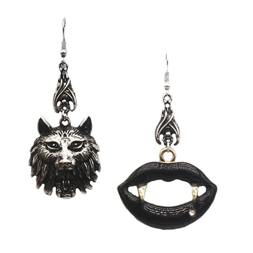 XIGAWAY Gothic Vintage Werwolf Vampirzähne Tropfen Ohrringe Halskette Asymmetrischer Schmuck, Kunststoff Cover