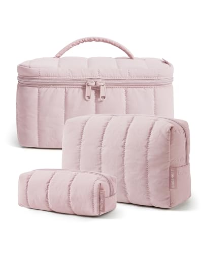 Image of BAGSMART Travel Makeup Bag Set, 3 Pc Puffy Cosmetic Pouch, Pink | Cute travel makeup bag set organizes cosmetics, toiletries & brushes. Ideal for gym, work, dorm, trips.Great gift for women.