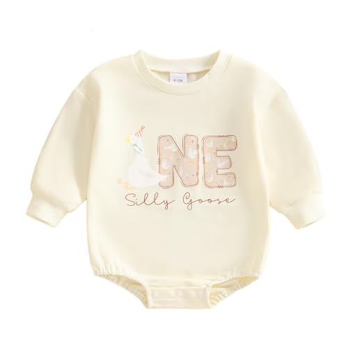 CREAIRY Baby Girl 1st Birthday Outfit One Silly Goose Bubble Romper Sweatshirt Long Sleeve Bodysuit T-Shirt Fall Clothes (Beige, 6-12 Months)
