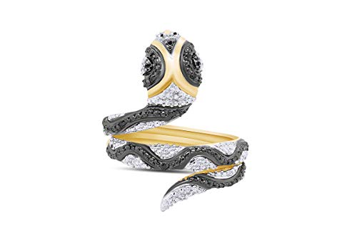 Jewel Zone US Black Natural Diamond Accent Snake Ring in 14k Gold Over Sterling Silver (0.02 Ct)