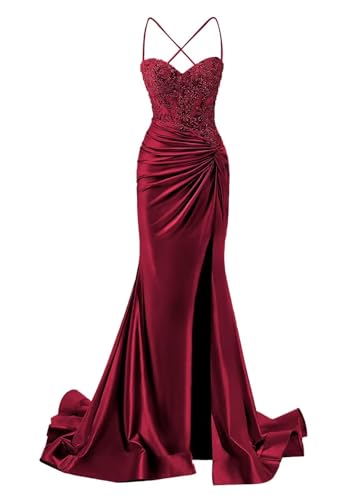 Satin Prom Dress for Women Long 2025 Spaghetti Strap Ruched Mermaid Formal Evening Gown with Slit