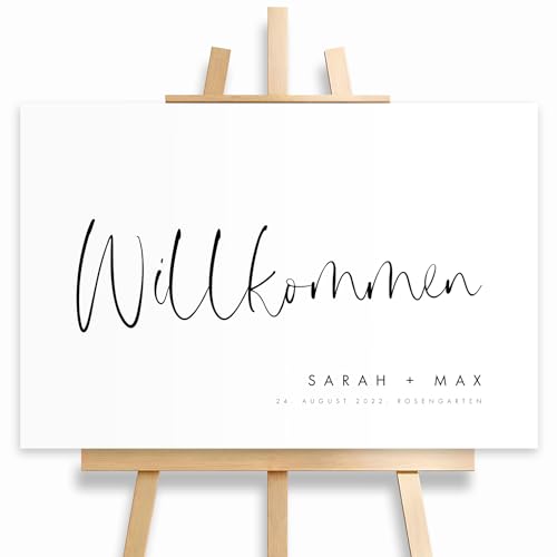 HEI Print Willkommensschild Hochzeit im modernen Stil mit Datum und Namen, personalisierte Hochzeitsdeko, Willkommen Schild, schwarz weiß, 60x40 (Leinwand)