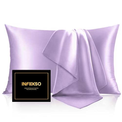 Image of INFIIXSO Silk Pillow Cases 2 Pack Standard Size, Ultra Smooth & Soft Mulberry Silk Pillow Case for Hair and Skin, Breathable Cooling Silk Pillowcase with Hidden Zipper (Lavender, 20x26 Inches)