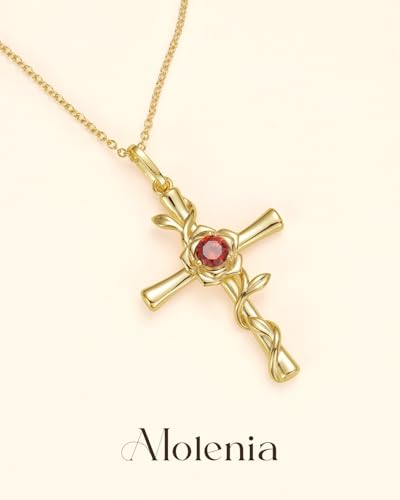 Birthstone Cross Necklace for Women, 14K Gold Plated Rose Flower Pendant, 925 Silver Faith Christian Religious Jewelry Baptism Confirmation Gift Christmas Birthday Present for Her Wife Girlfriend Mom4