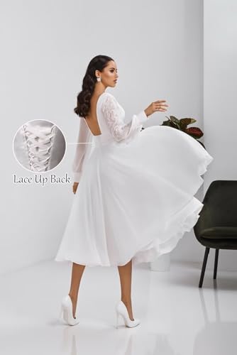 Women's Long Sleeves Tea Length Wedding Dress for Bride Chiffon V Neck A Line Midi Bridal Dress for Women2