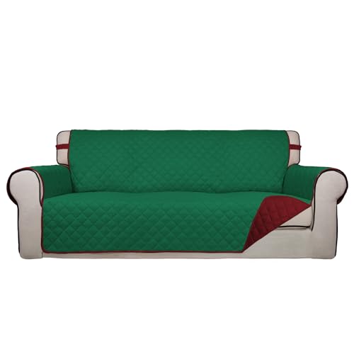 Image of PureFit Reversible Quilted Sofa Cover, Water Resistant Slipcover Furniture Protector, Washable Couch Cover with Non Slip and Elastic Straps for Kids, Dogs, Pets (Sofa, Green /Red)