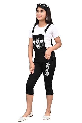 Image of FNOCKS Girls Dungaree Casual Wear Slim FIT Trendy Denim Capri Dungaree (Black)