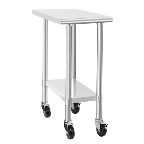 Image of HARDURA Stainless Steel Commercial Table Prep & Work Table with Casters Heavy Duty Metal Table with Wheels NSF 430 30x15 Inches