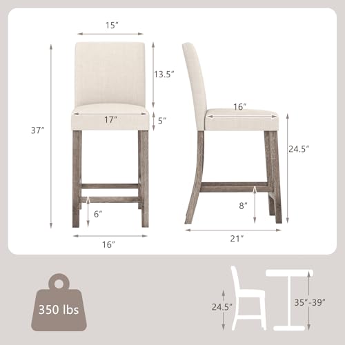 Butacos de Barra Giantex, Altura Contador, Juego de 2, Tapizados en Tela de Lino con Espuma de Alta Densidad, Asiento con Apoyo para la Espalda y Reposapiés, Patas de Madera Sólida de Caucho, para Isla de Cocina, Bar en Casa o Cafetería, Color Beige miniatura 3