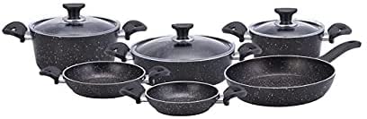Karaca Biogranite 6 Pieces Cookware Pot and Pan Set, Non-Stick Coating, Natural Granite Copper Pots Pans and Glass Lids, 3 Pots with 3 Glass Lids, 2 Shallow Pan and 1 Frying Pan, Granite Pots, Black