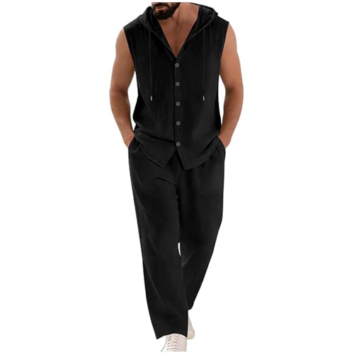 Men's 2 Pieces Cotton Linen Set Casual Sleeveless Button Down Shirts Beach Yoga Pants Summer Outfits