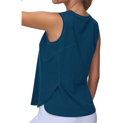 Origiwish Women's Sleeveless Workout Tank Tops Breathable Loose Fit Yoga Shirts with Side Slits Dark Blue Green Cover