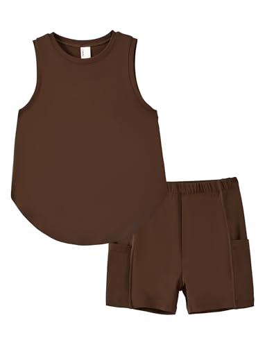 PATPAT Girls Athletic Sets Size 11-12 Years Dark Brown Tank Tops and Biker Shorts 2 Piece Workout Outfits Cheer Practice Activewear Dance Outfit