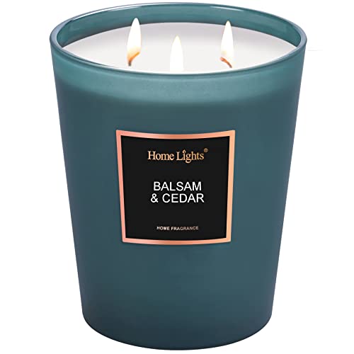 HomeLights Highly Scented Soy Candles Big 33.3 oz for Home. 3 Cotton Wicks, Smokeless Long Lasting 70 hrs in Balsam & Cedar. 5x6, Great Gift for Women & Men