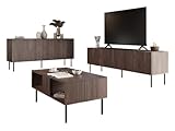 Gefräster Front Mirjan24 Wohnzimmer-Set Aropo I, Wohnzimmerschrank, gefräster Front, Griffloses Öffnungssystem, Kommode mit 3 Türen, 6 Fächer, TV-Lowboard mit 4 Türen und 4 Fächer, Couchtisch (Nuss Warmia)
