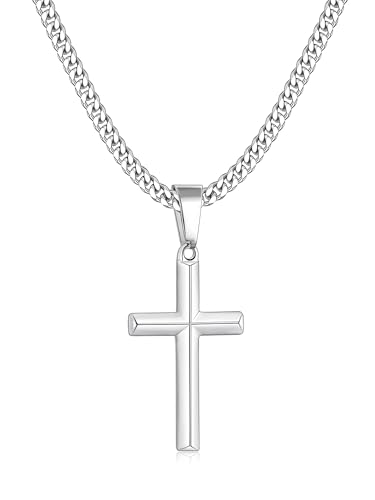 Image of Fiusem Silver Tone /Black /14K Gold Plated Cross Necklace for Men, Beveled Edge Pandent Mens Necklace, 3.5MM Stainless Steel Cuban Chain, 16-24 Inches Jewelry Gifts