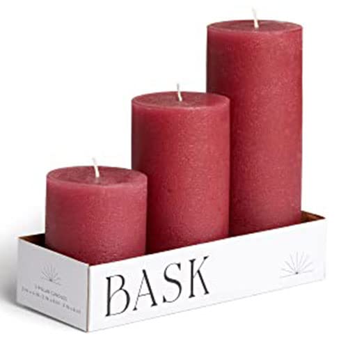 BASK Mottled Pillar Candles - Unscented Burgundy Candles Set of 3 - Dripless, Smokeless for All Occasions