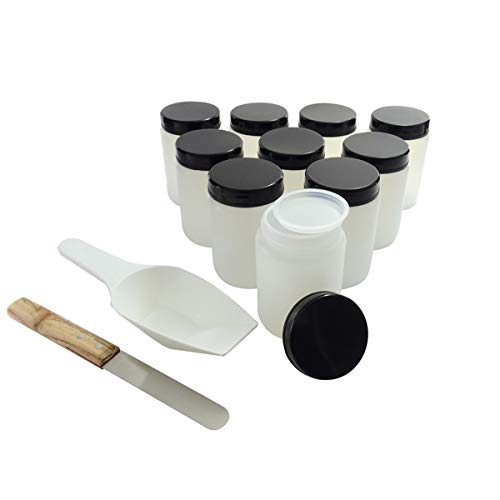 KENZIUM - Kit de 10 Frascos de Cuello Ancho con Tapa y Obturador de 250 ml, Esp�tula + Pala de Medici�n de Laboratorio + Botellas de Boca Ancha Con Tap�n de Rosca