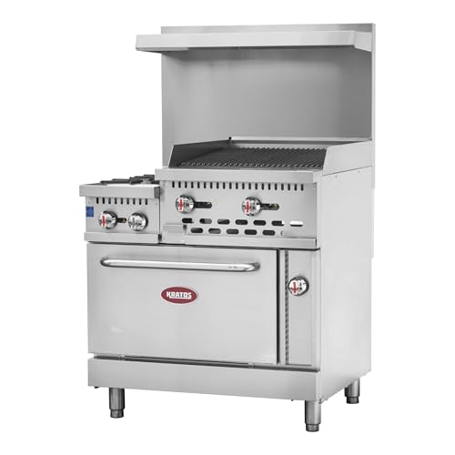 Image of Kratos 36 inch Wide Commercial Gas Range with 24 inch Charbroiler, 2 Burners, and Full Size Oven, 154,000 BTU Output, Freestanding Range for Restaurants, Liquid Propane