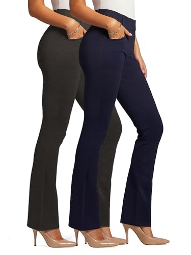 Conceited 2-Pack Stretch Slacks for Women - Wear to Work - Bootcut Dress Pants with Pockets - Charcoal, Navy - (Large)
