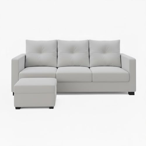 Image of FURNY Amonster 4 Seater L Shape Sofa Set with Movable Ottoman | Flexible Left or Right Layout | Plush Velvet Fabric (Light Grey) | Perfect for Living Room, Guest Room & Office