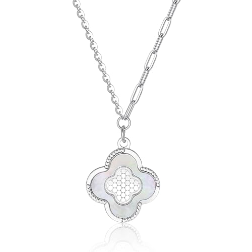 Sterling Silver Four Leaf Clover Necklace with White Mother-of-Pearl,AB Chain Link Design (C-Clover White MOP)