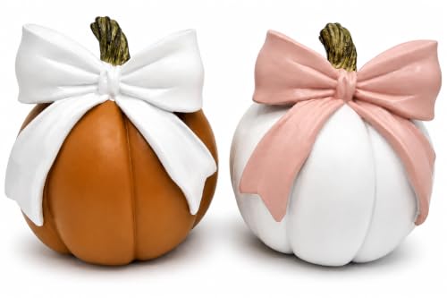 SHEHIM Set of 2 Decorative Resin Bowknot Pumpkins Decoration Fall Decor