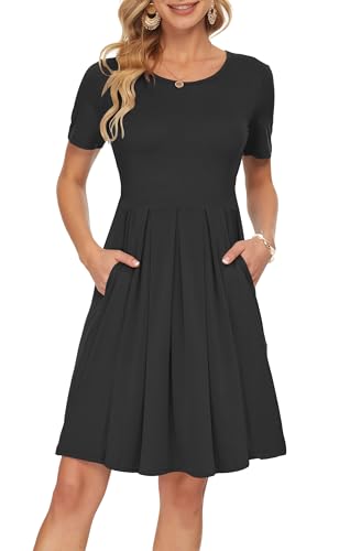 AUSELILY Women's Short Sleeve Summer Dress Pleated Loose Swing Knee Length Dresses with Pockets 2026 New Black M