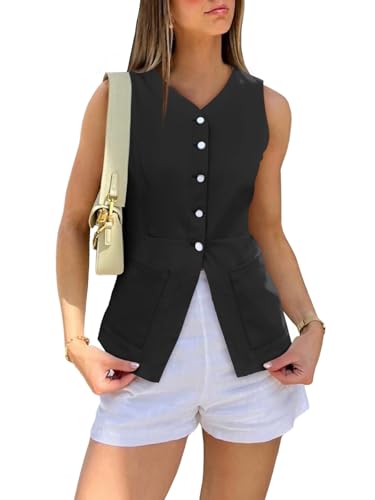 Cicy Bell Womens Button Down Vest Tops Summer Fitted Sleeveless Tank Tops Dressy Casual Business Waistcoat