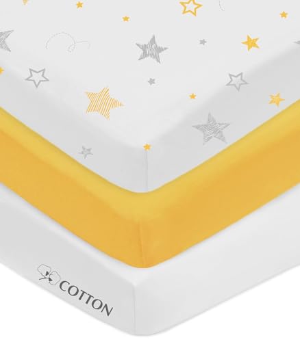 Image of American Baby Company 3 Pack 100% Natural Cotton Fitted Mini Crib Sheets 38"x24"-Soft & Breathable Small Nesting Portable Sheets,Fits Pack N Play Mattress,Gold/Gold Stars/White,for Boy & Girl